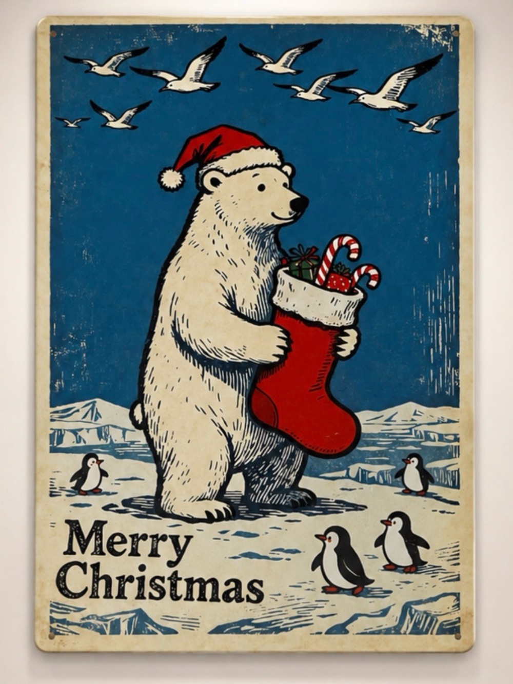 Holiday Polar Bear Metal Wall Art - Red Stocking Christmas Decor 12”x8”